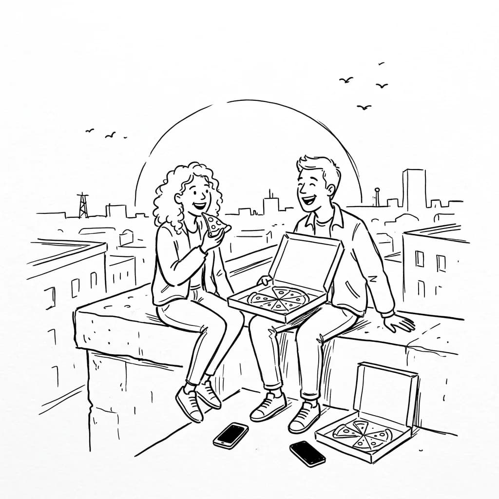 Doodle of two friends sharing pizza on a rooftop, their phones set aside.