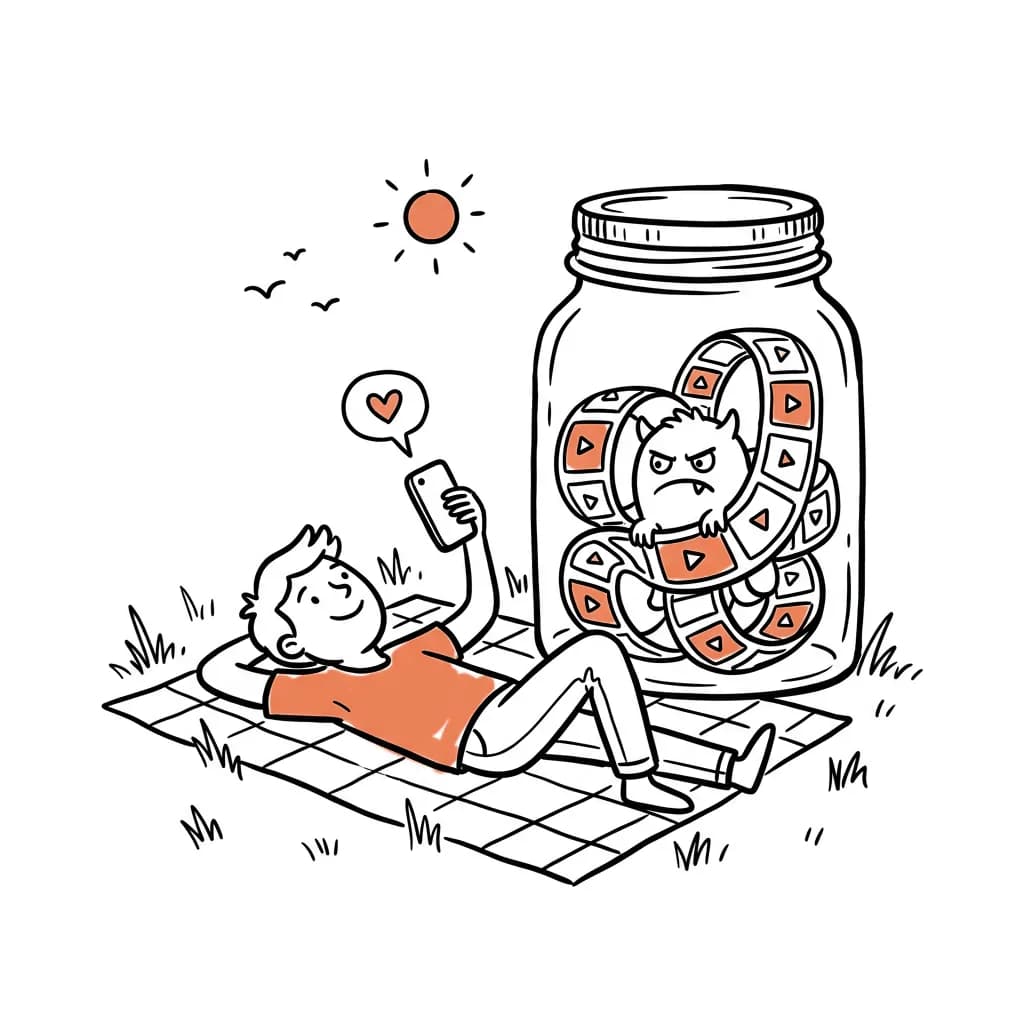 Doodle of a person lounging on a picnic blanket, phone in hand, while a grumpy tangle of reels is shut away in a jar.